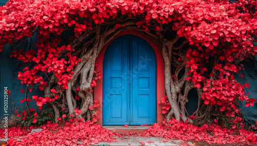 A blue door with red flowers growing out of it. The door is surrounded by red leaves and branches, creating a beautiful and unique entrance