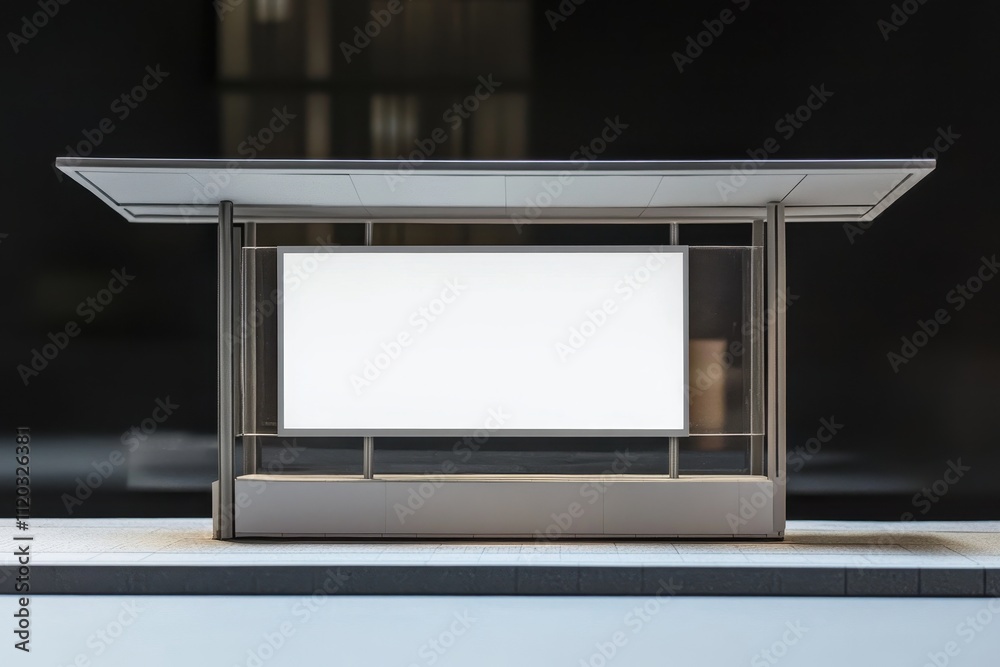 Modern bus shelter design with clear advertising space situated in an urban area