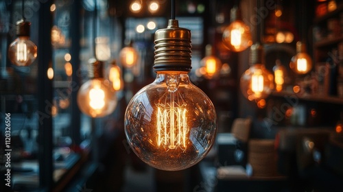 Close-up of glowing vintage light bulb in warm atmosphere