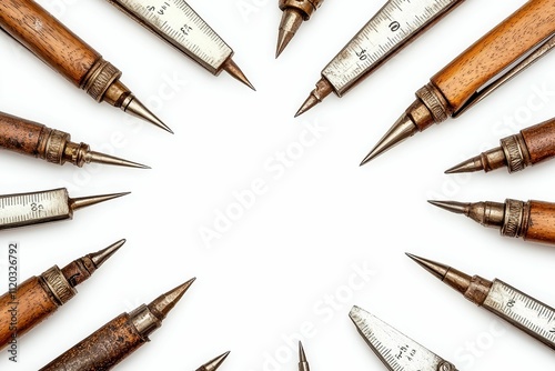 Aged drawing instruments arranged circularly. photo