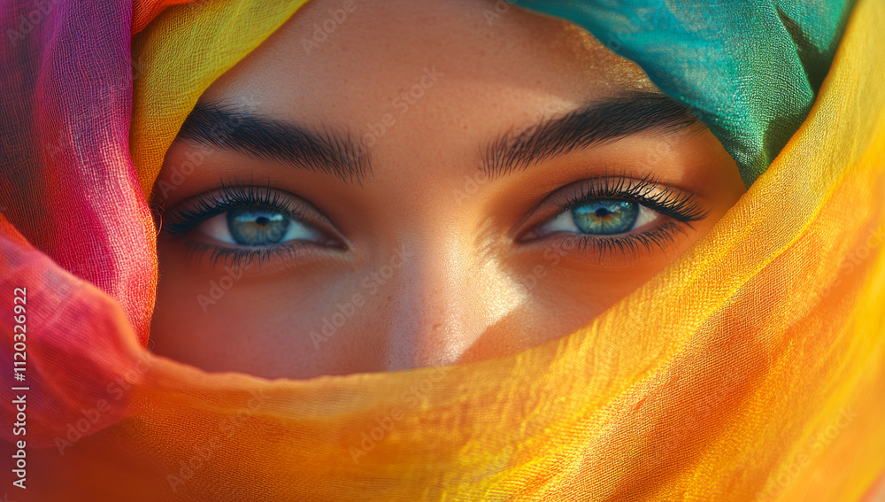 A woman with blue eyes is wearing a colorful scarf. The scarf is yellow, orange, and green A woman with blue eyes is wearing a colorful scarf. The scarf is yellow, orange, and green