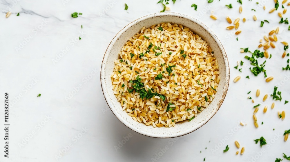 Rice bran oil bowl garnished with green rice husks and golden rice grains on a white tabletop. Rice bran oil bowl garnished with green rice husks and golden rice grains on a white tabletop.