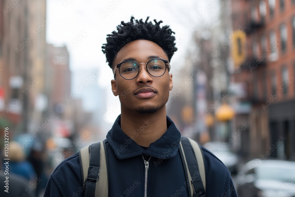 Confident Young Man in Urban Setting with Glasses and Backpack Confident Young Man in Urban Setting with Glasses and Backpack