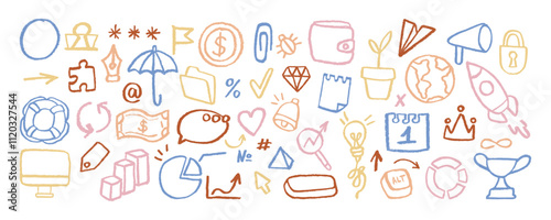 Hand Drawn Chalk Business Elements Collection. Kids line art doodles with wax crayon, dry brush, pencil texture. Concept of marketing, finance, success. Children's Vector Ink Illustration.	