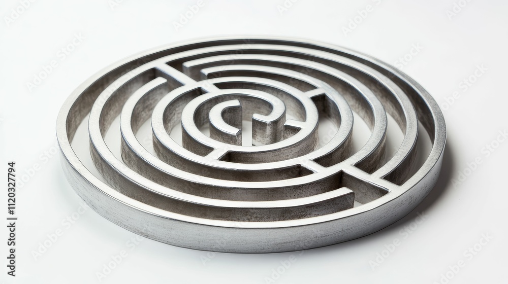 Circular metallic maze; concentric, intricate design. Circular metallic maze; concentric, intricate design.