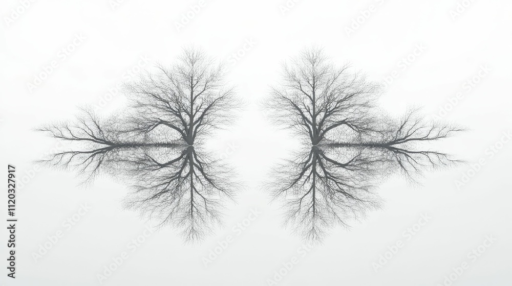 Obraz premium Mirrored bare trees reflected in still water.