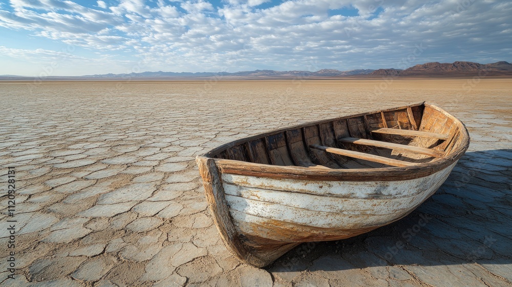 Weathered wooden rowboat sits alone on a cracked, dry desert lake bed under a partly cloudy sky. Weathered wooden rowboat sits alone on a cracked, dry desert lake bed under a partly cloudy sky.