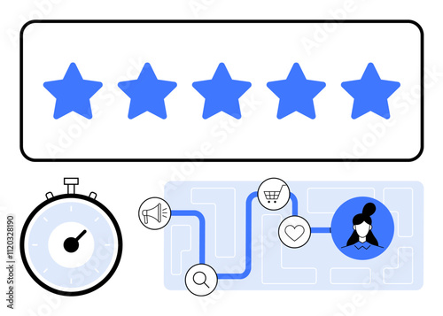 5-star rating stopwatch marketing megaphone search icon, shopping cart, heart, and customer profile. Ideal for user experience, customer feedback, marketing analytics, e-commerce, customer