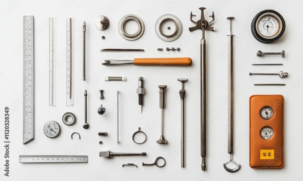 Precision instruments, tools, and measuring devices arranged neatly. Precision instruments, tools, and measuring devices arranged neatly.