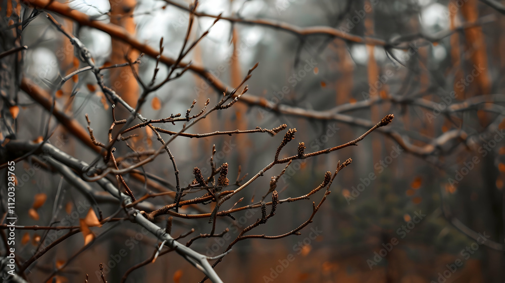 selective focus of dry branches with forest on background selective focus of dry branches with forest on background