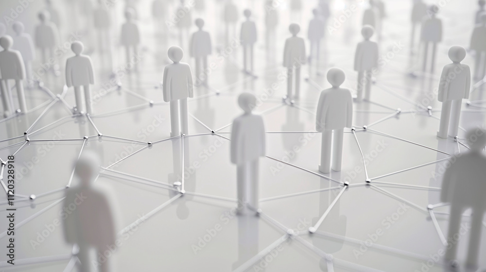 Representación abstracta de red social con figuras humanas blancas, networking Representación abstracta de red social con figuras humanas blancas, networking