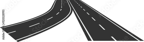 Two asphalt roads with white dashed lines are diverging in different directions on a white background, symbolizing choices and different paths in life