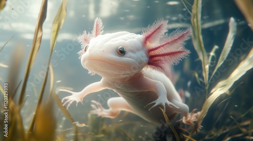 Axolotl swimming amidst aquatic plants in its habitat photo