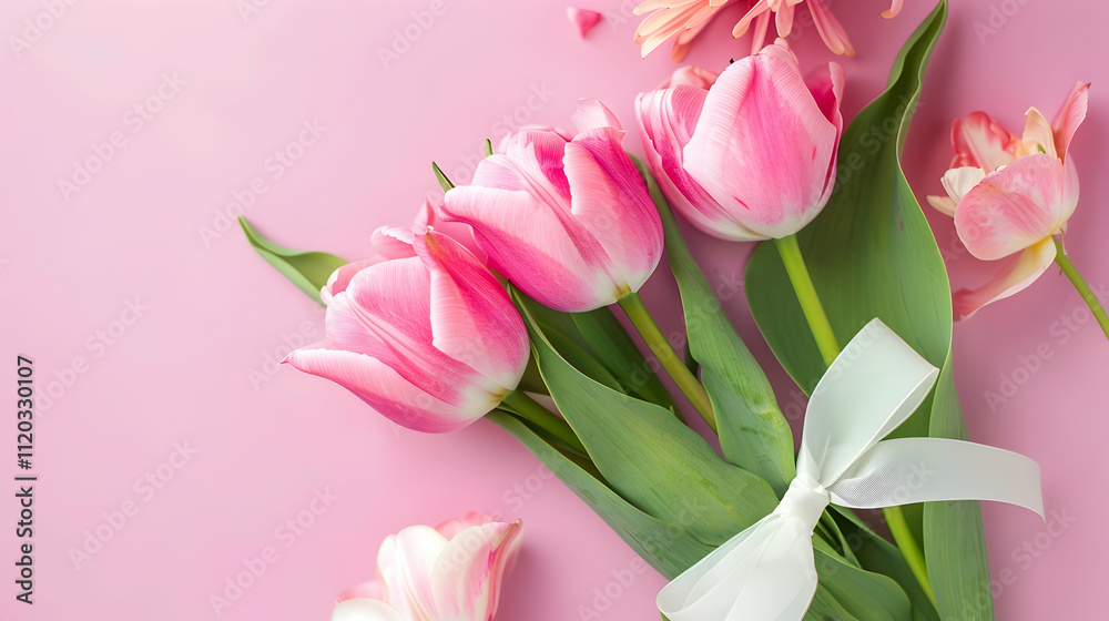 pink tulip with white bow and mothers day greeting card on pink background pink tulip with white bow and mothers day greeting card on pink background