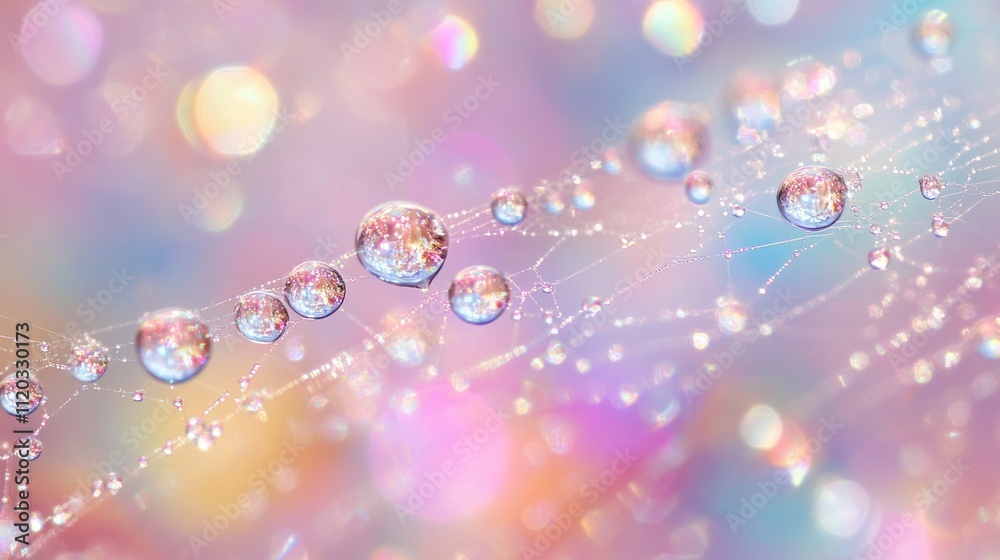 Dewdrops on a spiderweb with pastel bokeh background. Dewdrops on a spiderweb with pastel bokeh background.