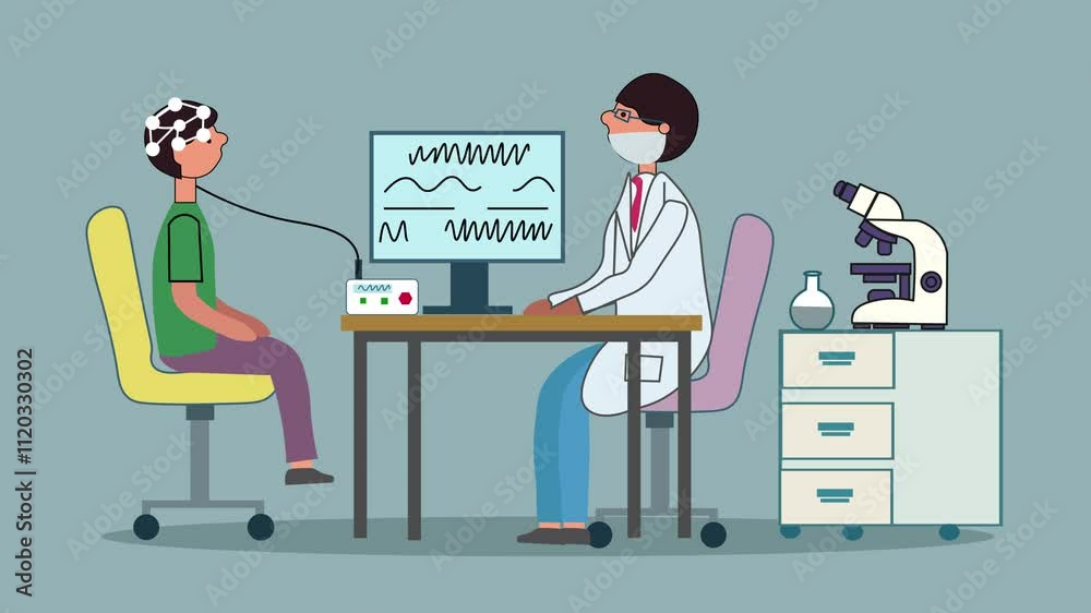 Neurologist Analyzing patient Brain with Electroencephalography Technology. Cartoon animation, Neuroscience Exam over brain Connected to EEG Machine. 