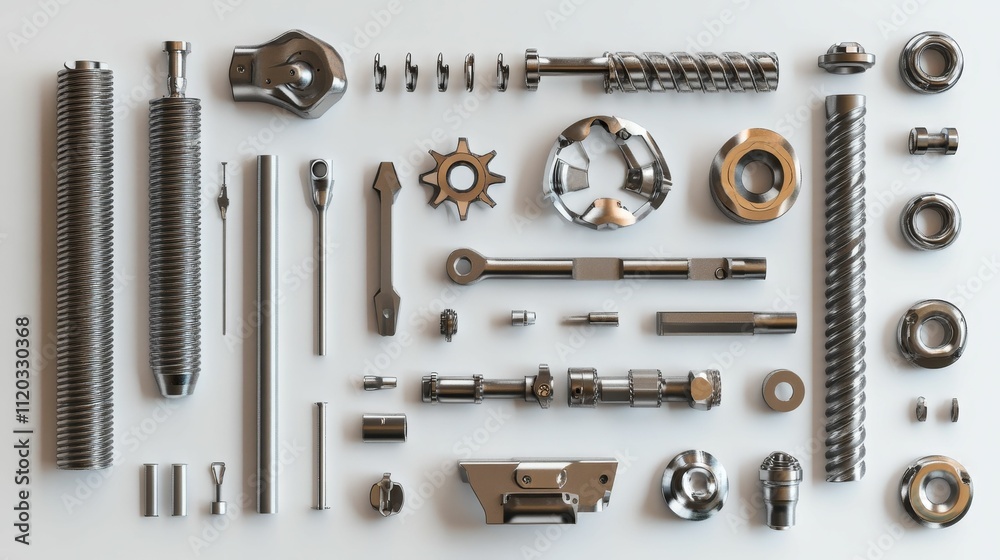 Metallic parts arranged neatly on a white background. Metallic parts arranged neatly on a white background.