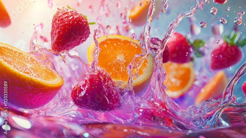 Vibrant splash of strawberries and oranges in colorful liquid photo