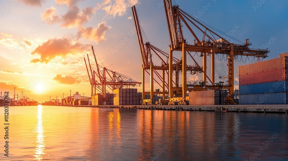 Cargo loading operations at sunset port facilities industrial scene waterfront aerial view logistics management Cargo loading operations at sunset port facilities industrial scene waterfront aerial view logistics management