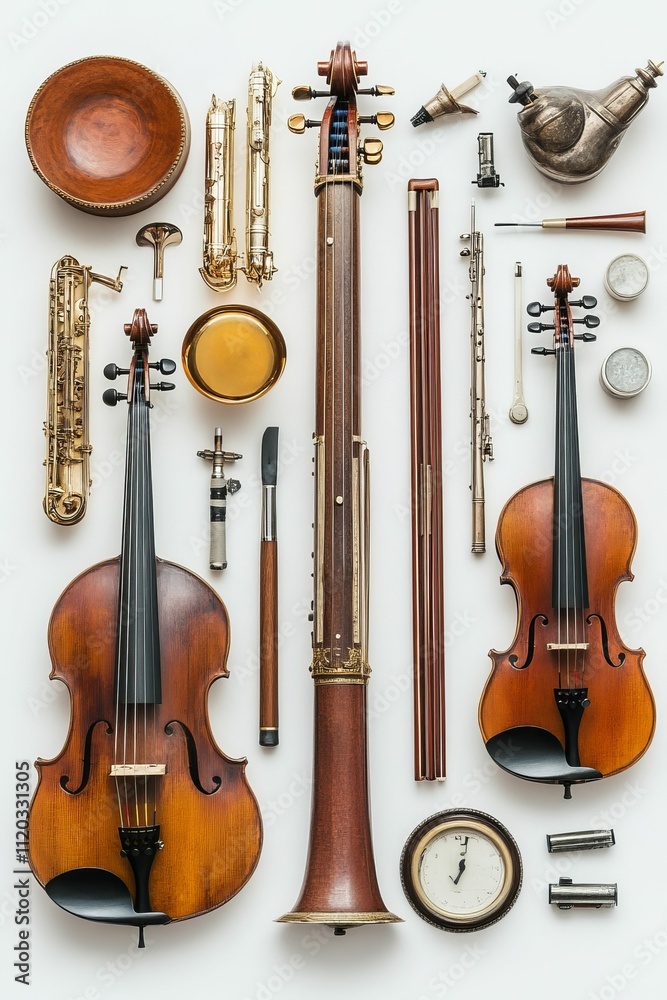 Naklejka premium Orchestral instruments, accessories, and antique clock.