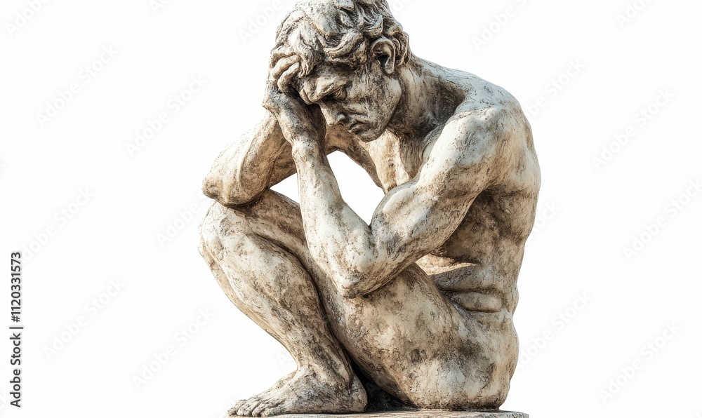 Stone statue; man; seated; contemplative; distressed. Stone statue; man; seated; contemplative; distressed.