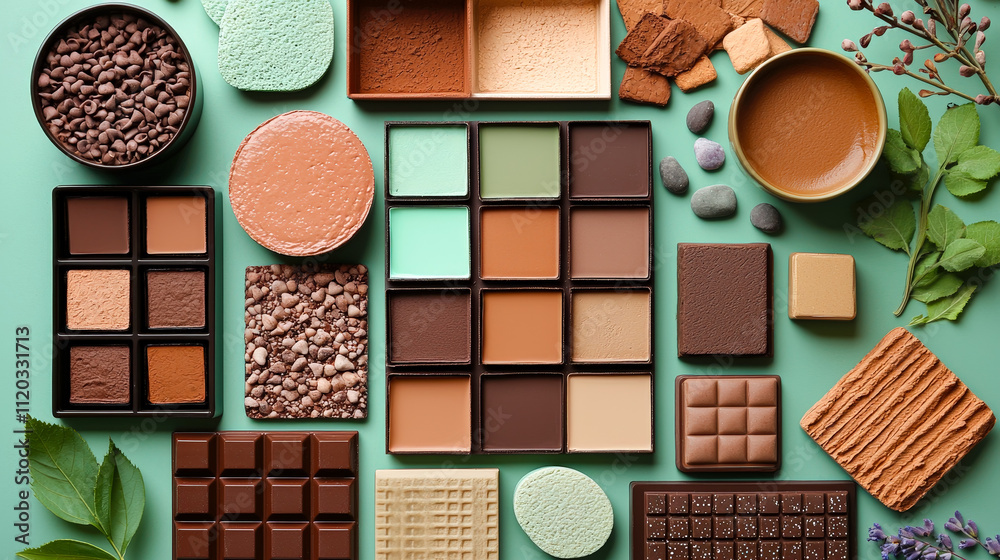 Fototapeta premium Delightful assortment of chocolates and sweets arranged on a colorful surface showcasing various textures and flavors. Mocha Mousse color trend 2025 year