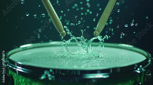 Slow-motion effect of water droplets dancing above a snare drum struck by wooden drumsticks under neon green light. photo