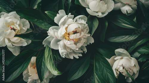 Fototapeta Naklejka Na Ścianę i Meble -  close up of white peonies and leaves