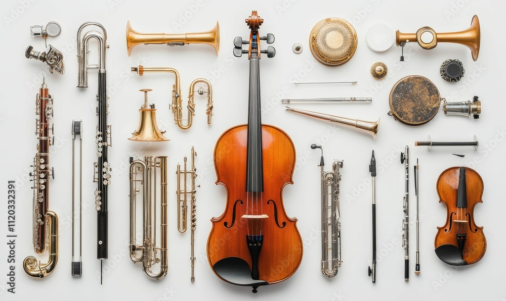 Fototapeta premium Orchestra instruments arranged neatly, overhead view.