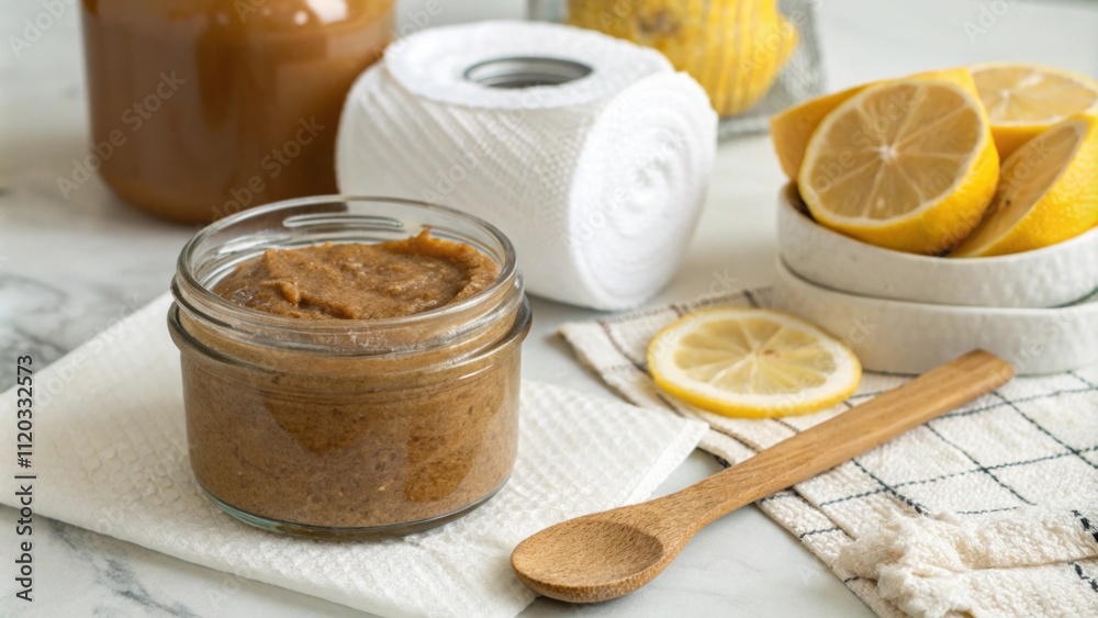 A clear jar filled with a thick brown paste made of coconut oil and baking soda alongside a wooden spatula. A roll of paper towels lies nearby with a few tered lemon wedges A clear jar filled with a thick brown paste made of coconut oil and baking soda alongside a wooden spatula. A roll of paper towels lies nearby with a few tered lemon wedges