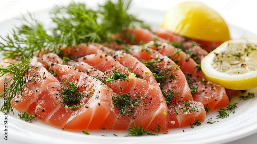 Fresh salmon fillets garnished with herbs and lemon slices ready for a delicious meal Fresh salmon fillets garnished with herbs and lemon slices ready for a delicious meal