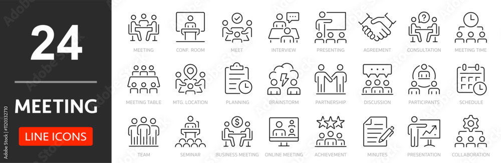 Fototapeta premium Meeting thin line icon set. Discussion, planning and decisions. Interview, seminar, meet, conference, consultation, presentation - stock vector.