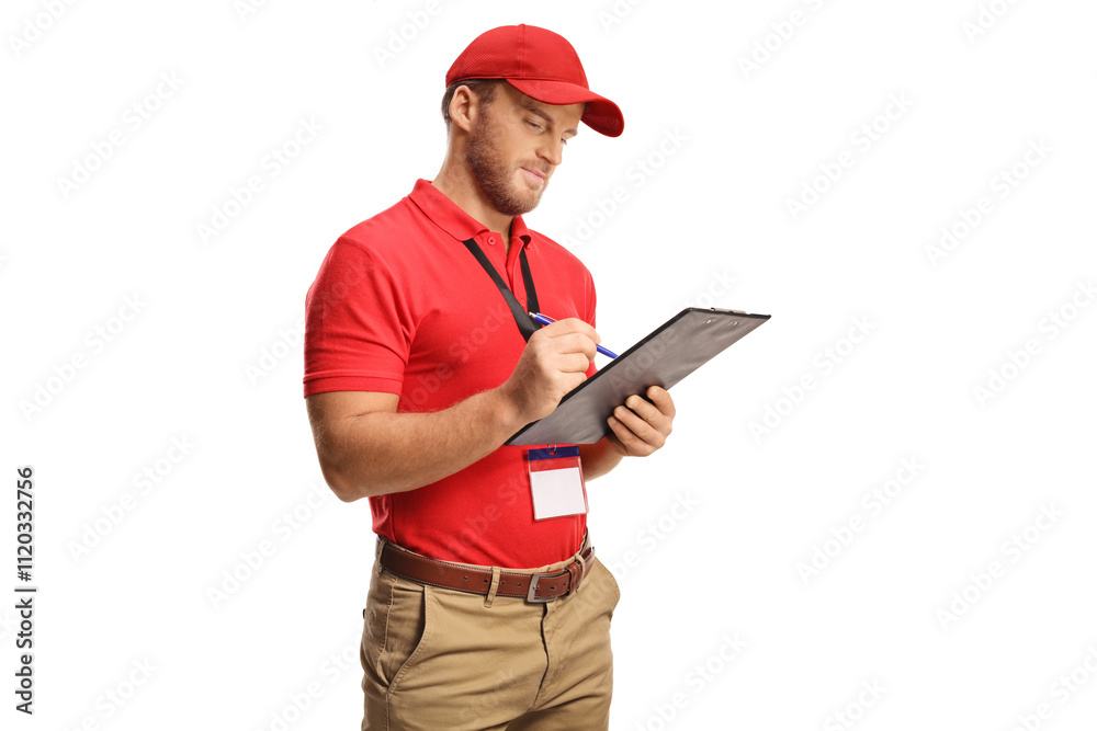 Sales manager holding a cardboard and writing Sales manager holding a cardboard and writing