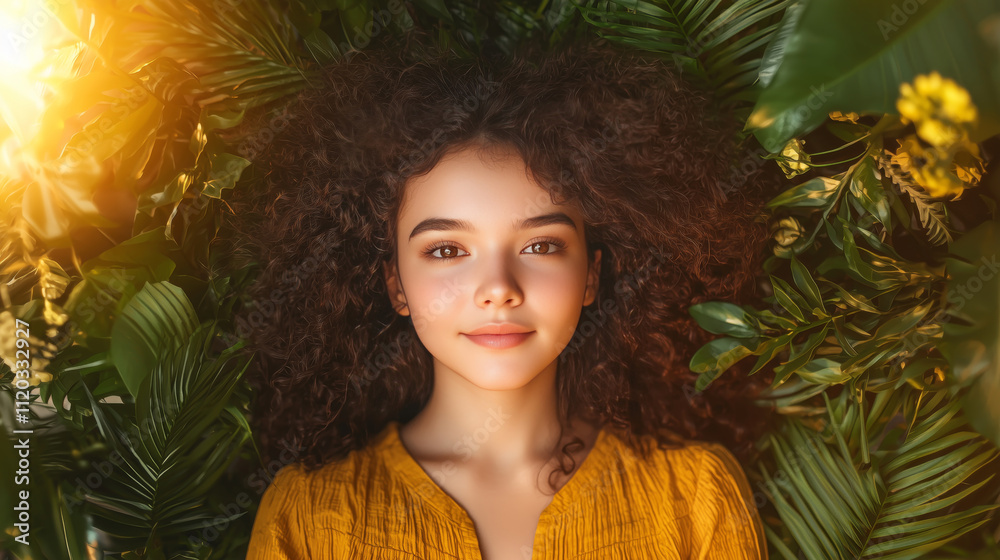 Young woman with curly hair surrounded by vibrant green foliage and warm sunlight, showcasing natural beauty and serenity Young woman with curly hair surrounded by vibrant green foliage and warm sunlight, showcasing natural beauty and serenity