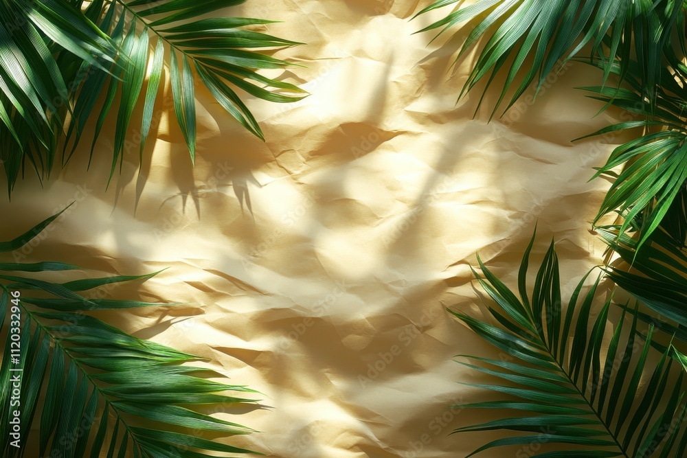 A textured background with green palm leaves framing a light, crumpled surface. A textured background with green palm leaves framing a light, crumpled surface.