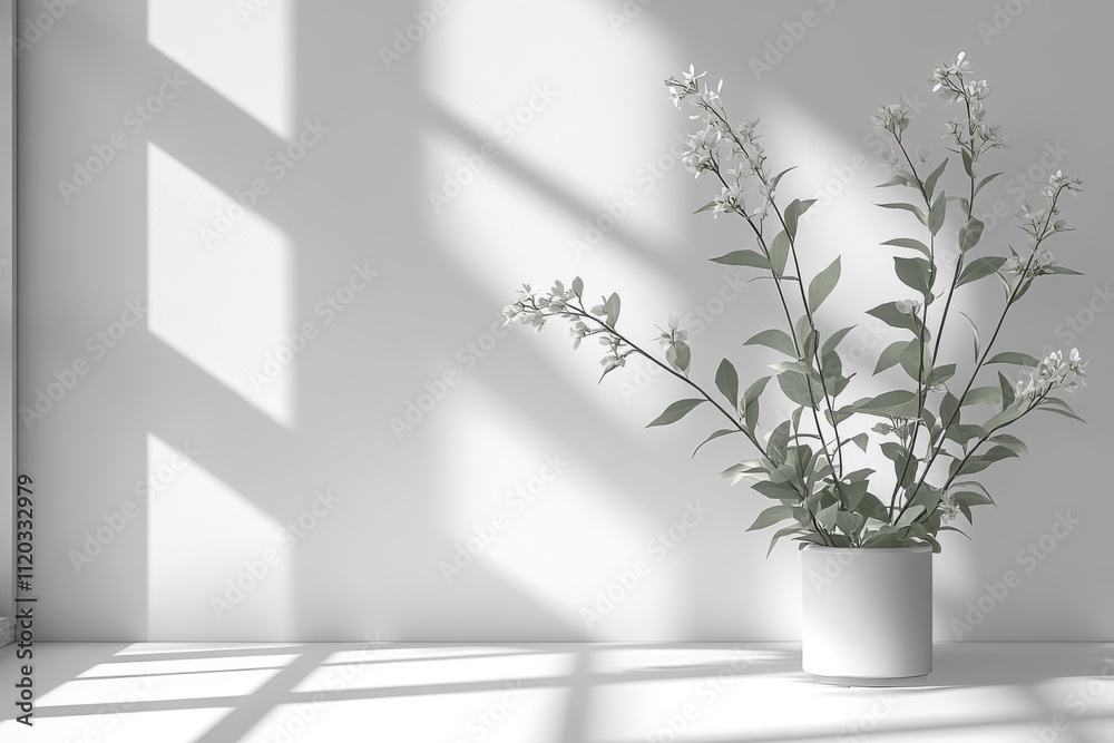 A minimalist plant arrangement casting shadows in a bright, serene environment. A minimalist plant arrangement casting shadows in a bright, serene environment.