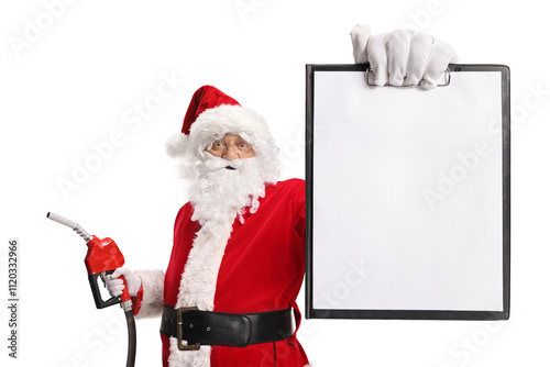 Santa Claus with a fuel injection gun and a blank paper document