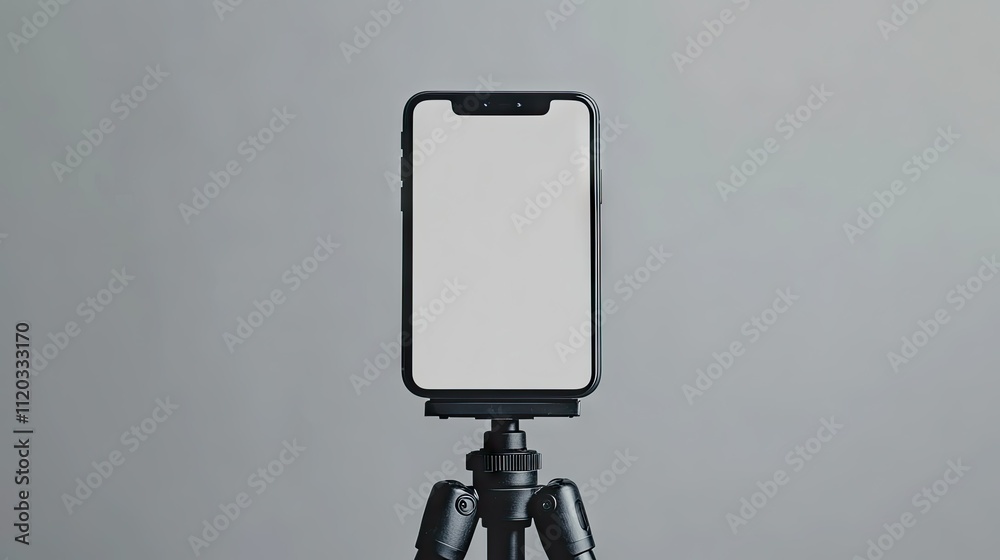 Smartphone mockup with a blank screen attached to a tripod, suggesting video creation or photography Smartphone mockup with a blank screen attached to a tripod, suggesting video creation or photography
