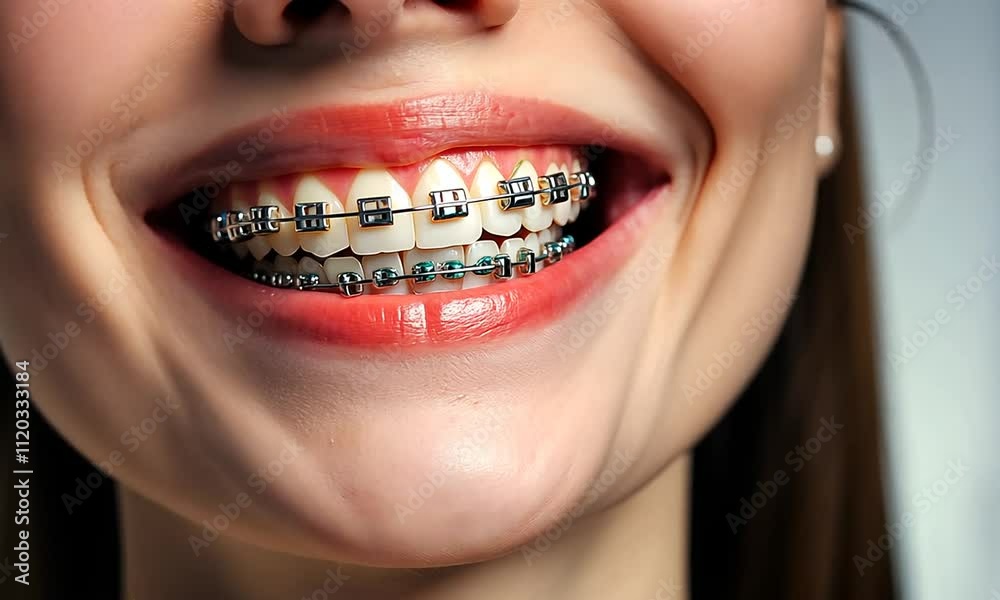 White teeth with braces, female smile, close-up. Concept: dentistry, perfect white and straight teeth. Dental care teeth whitening, copy space.