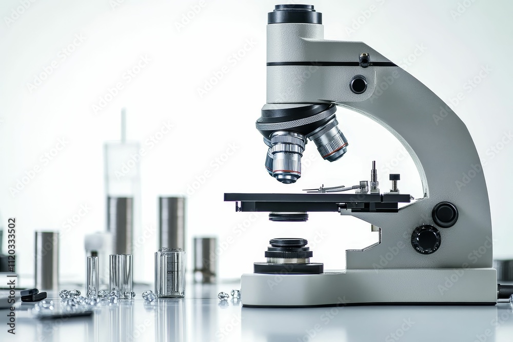 Laboratory microscope, glassware, crystals, scientific analysis. Laboratory microscope, glassware, crystals, scientific analysis.