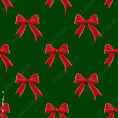 Red New Year Christmas bow seamless pattern on green background