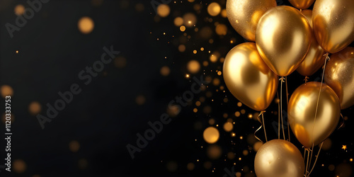 Stylish Golden Balloon Celebration Background with Glowing Bokeh on Dark Canvas, Luxurious Golden Balloons on a Black Background with Sparkling Bokeh Lights