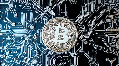 Bitcoin on Circuit Board: Close-up of a physical Bitcoin cryptocurrency coin resting on a complex circuit board, symbolizing the digital currency's technological foundation and global reach.   photo