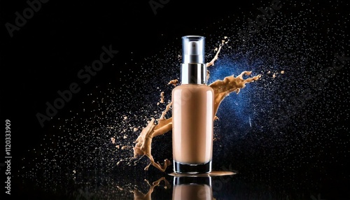 makeup foundation bottle with color paint on black; creative cosmetic procedure, professional cosmetics, beauty industry concept
