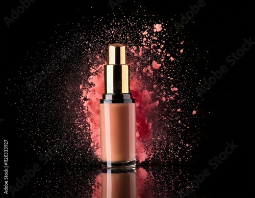 makeup foundation bottle with color paint on black; creative cosmetic procedure, professional cosmetics, beauty industry concept
