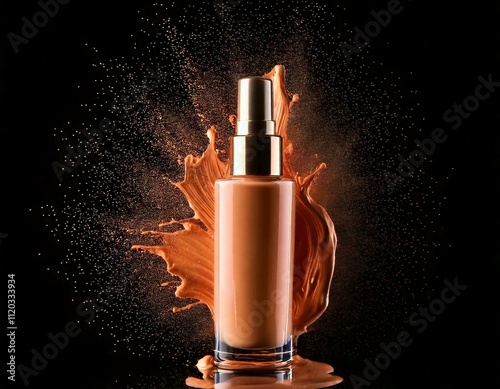 makeup foundation bottle with color paint on black; creative cosmetic procedure, professional cosmetics, beauty industry concept
