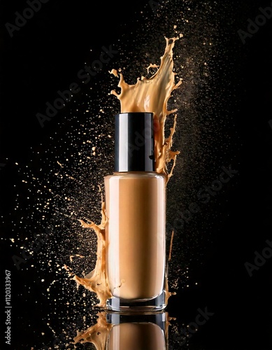 makeup foundation bottle with color paint on black; creative cosmetic procedure, professional cosmetics, beauty industry concept
