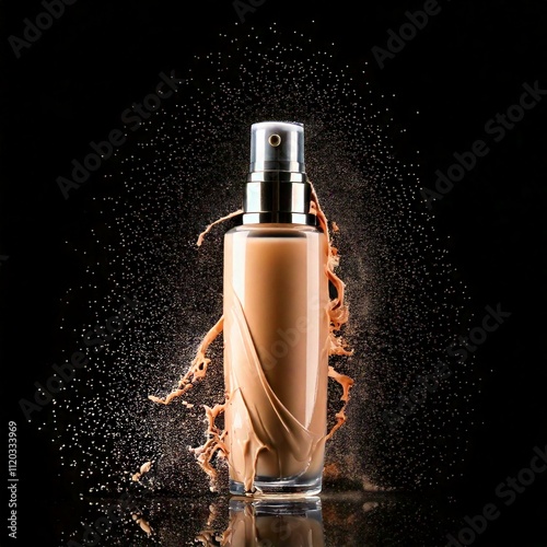 makeup foundation bottle with color paint on black; creative cosmetic procedure, professional cosmetics, beauty industry concept
