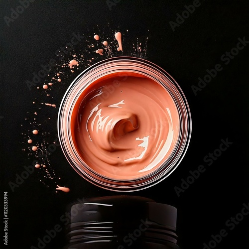 Makeup in jar with color paint on black; creative cosmetic procedure, professional cosmetics, beauty industry concept
