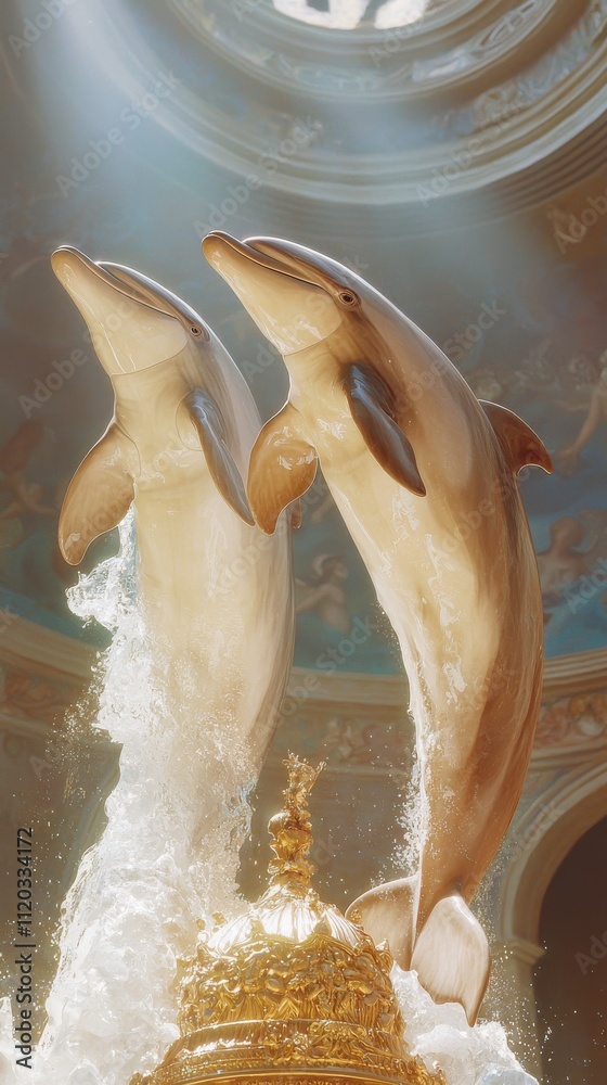 Naklejka premium Celestial dolphins guide lost souls back to sacred realms in majestic underwater scene ethereal environment dreamy perspective